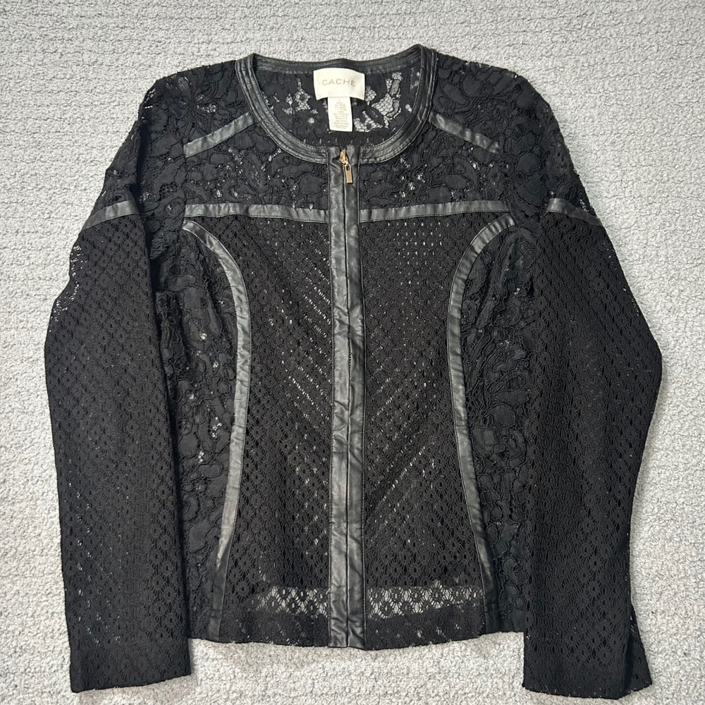 CACHE Jacket Y2K Vintage Lace Zip 6 Black Gothic Practical Magic Moto Top
